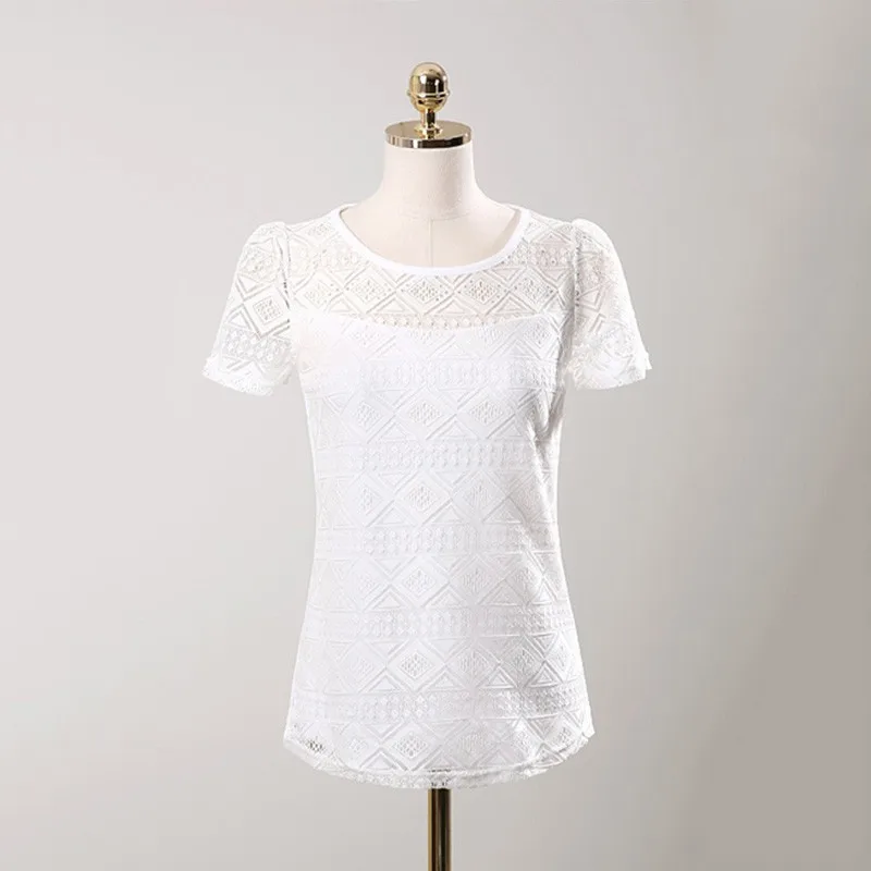 

Summer Women Elegant Lace Short Sleeve O Neck Shirts Hollow Chiffon Tops Blouse