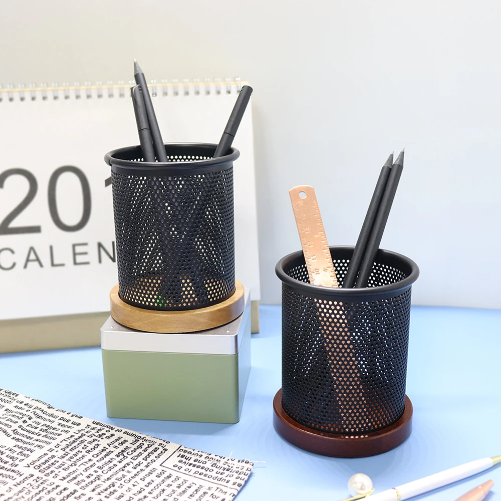 

MultiBey Pen Holder Wooden Base Cylindrical Iron Mesh Retro Style Office Business Multifunctional Desktop Storage Pen Holder