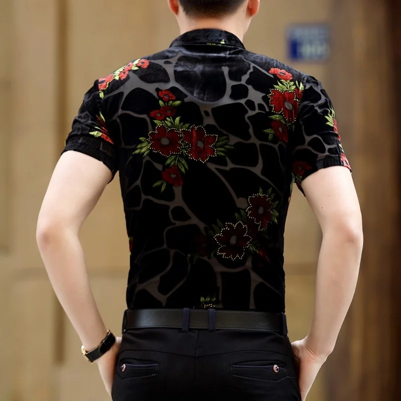 

Man Summer Short Sleeve Shirts Fashion Turn Down Collar Silk Embroidery Velvet Male Shirt Slim Fit Hollow Out Blusas Masculina