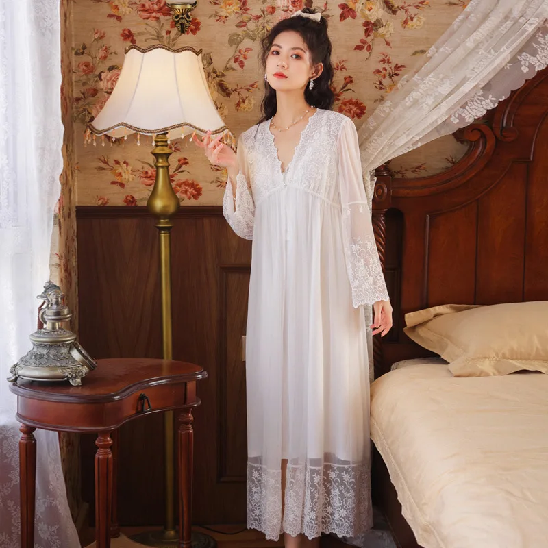 

2PCS White Hollow Out Women Lace Robe Gown Set Sexy V-Neck Sweet Lace Floral Nightdress Bathrobe Lounge Bride Home Dressing Gown