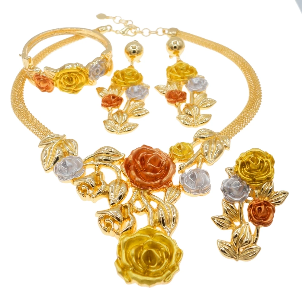 Новейший итальянский комплект ювелирных изделий высокого качества ожерелье с цветком розы Свадебная вечеринка Модные Серьги Браслет H0085