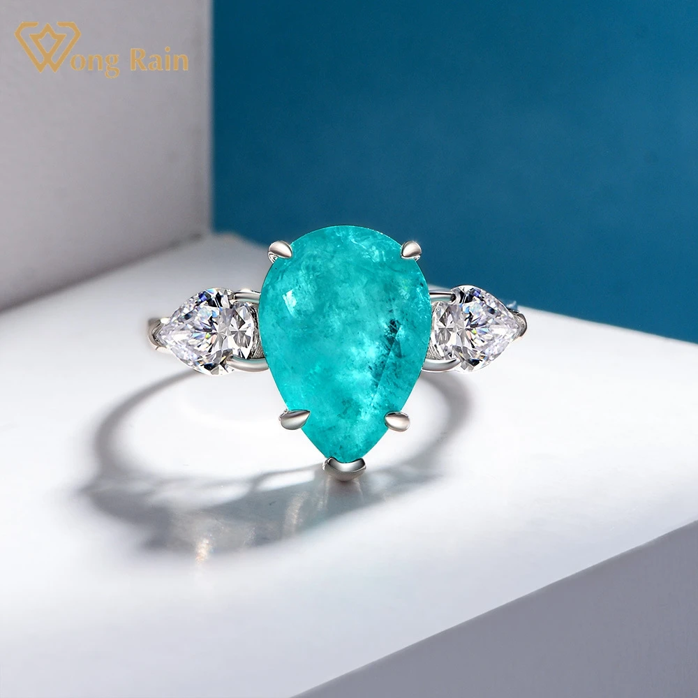 

Wong Rain 925 Sterling Silver Pear Cut Paraiba Tourmaline Created Moissanite Gemstone Engagement Fine Jewelry Ring For Women