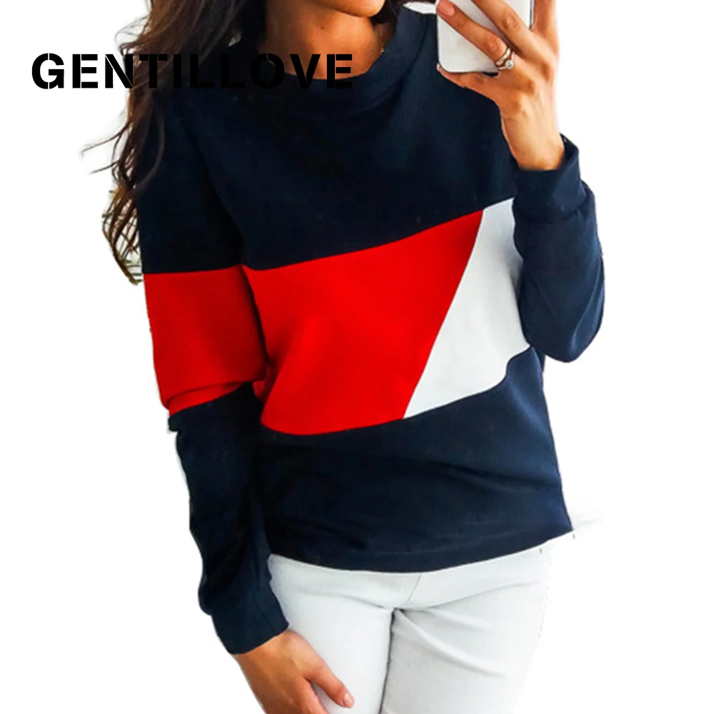 

Gentillove Long Sleeves O Neck Patchwork Female Hoodies Autumn Casual Women 2019 Sweatshirt Blue Pink Girls Fashion Pullovers