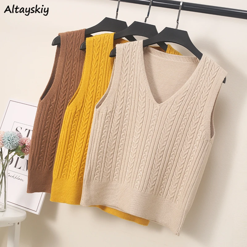 

Women Knitted Vests College Solid V-neck Minimalist Twist Vest Casual Autumn Sleeveless Korean All-match Stretchy Coats Teenager