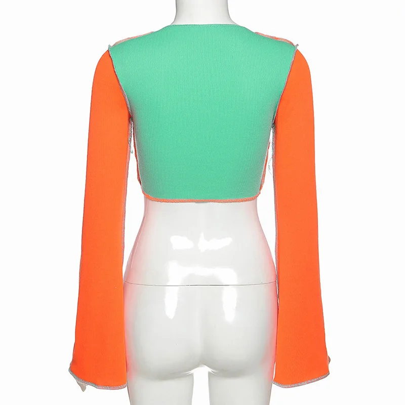 

Hollow Out Tie Up Bandage Patchwork Y2k Tops Tshirt Women 2020 Autumn Flare Long Sleeve Cropped T-shirts Ladies Koszulka Damska
