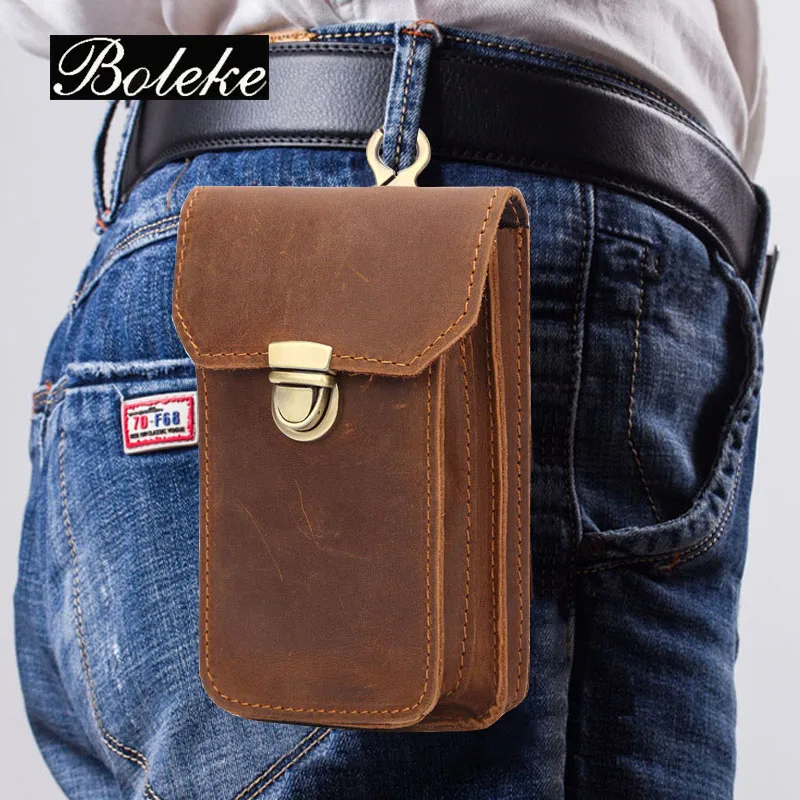 Мужской винтажный поясной кошелек BOLEKE из натуральной воловьей кожи Crazy