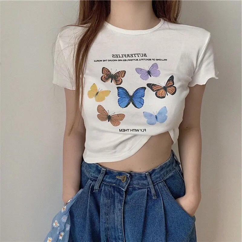 

INS Super Flaming Butterfly Fashion Brand Short Sleeve T-shirt Women's Summer Korean Style Trendy Harajuku BF Student Short