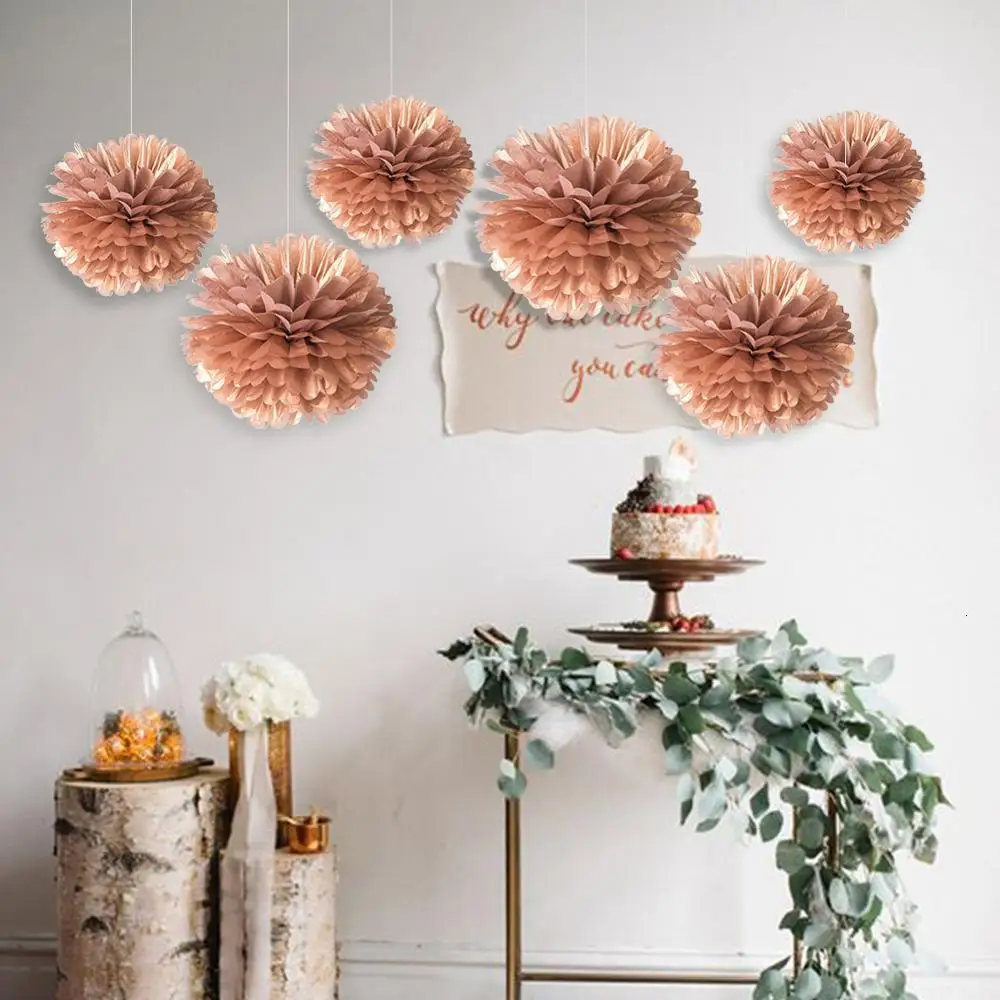 

6pcs 25cm Decorative Tissue Paper Rose Gold Pom Pom Flowers Wedding Decoration Home Birthday Baby Shower Event Party Supplies