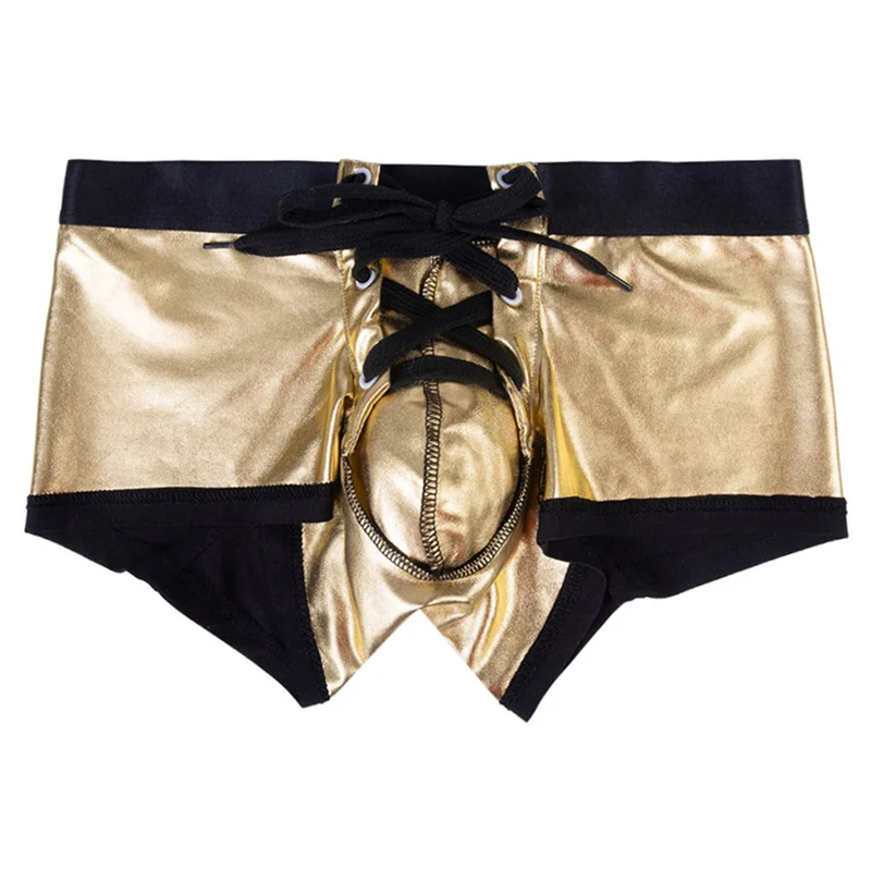 Золотой SUPERBODY New Arrival Men's Boxers Solid Underwear Low-waist Fashion Drawstring Sexy Imitation Leather Boxer Shorts - Цвет: Золотой