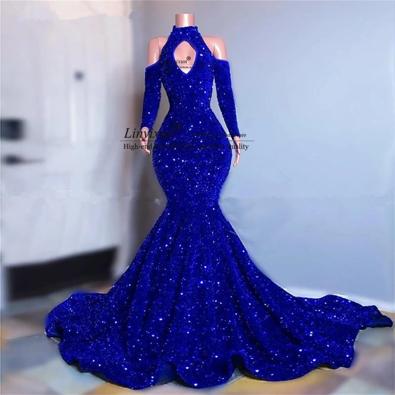 Abiti da ballo Sexy a sirena blu Royal con paillettes eleganti maniche lunghe abiti da sera convenzionali 2022 Off spalla Robe De Soiree