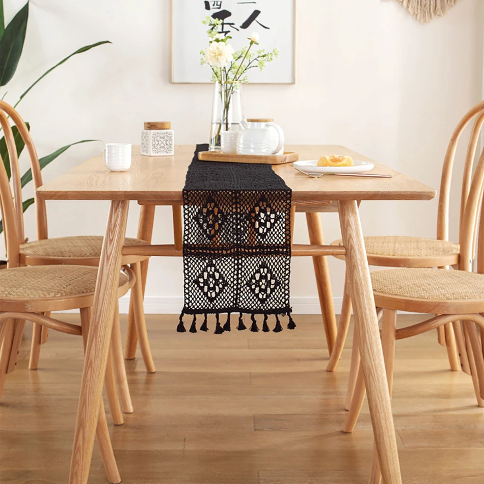 Однотонная вязаная крючком полая настольная дорожка с кисточками в американском