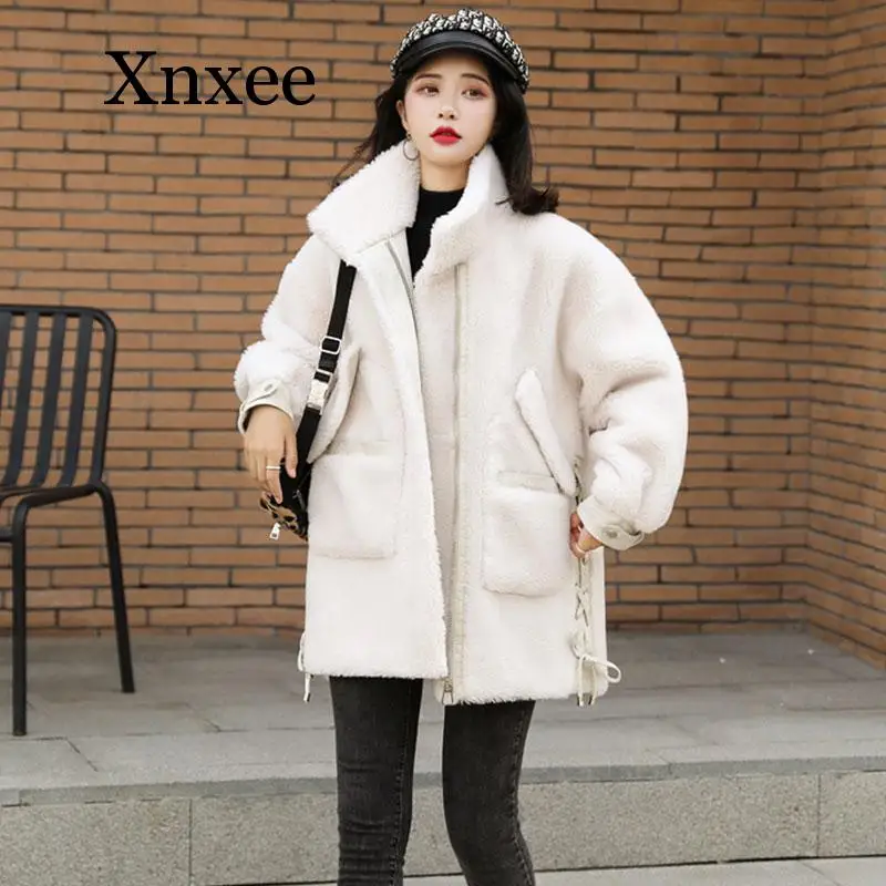 Winter Fur Coat Women Sheep Shearing Wool Fur short Jacket  Loose  Pocket Adustable Waist  Kawaii vintage korean