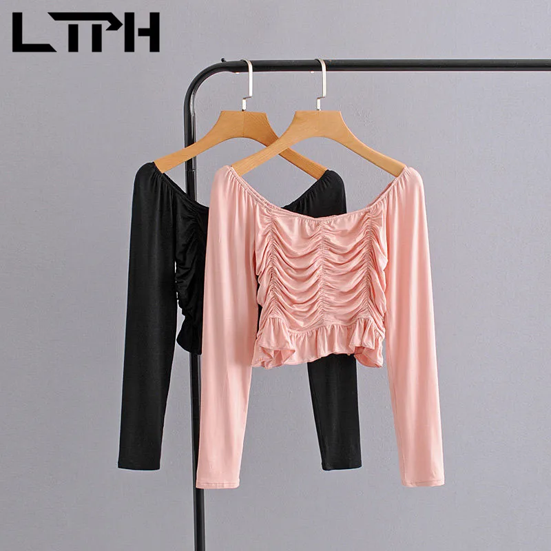 

LTPH Korean-style One word collar long sleeve top ruffles folds Solid short strapless womens shirts and blouses 2021 summer new