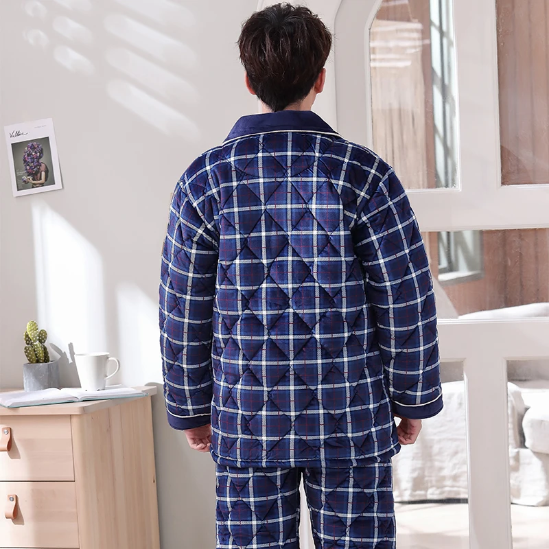 Winter Striped Men Clip Cotton Sleepwear Suit Thick Warm Pajamas Long Sleeve Turn-down Collar Cardigan Plus Size Male Nightwear