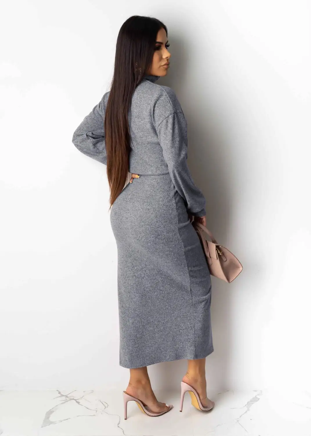 Женский комплект из 2 предметов серый повседневный костюм свитера с высоким