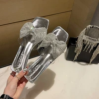 fashion thick heel slippers fashion fairy wind rhinestone bow 2021 summer new casual open toed sandals and slippers