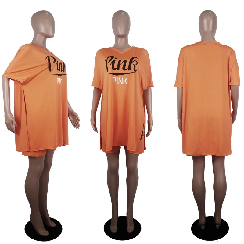 

Summer 2 Piece Set Women Fashion Casual Letters Print Tracksuit V Neck Half Sleeve Loose Long T Shirt + Shorts Matching Suit