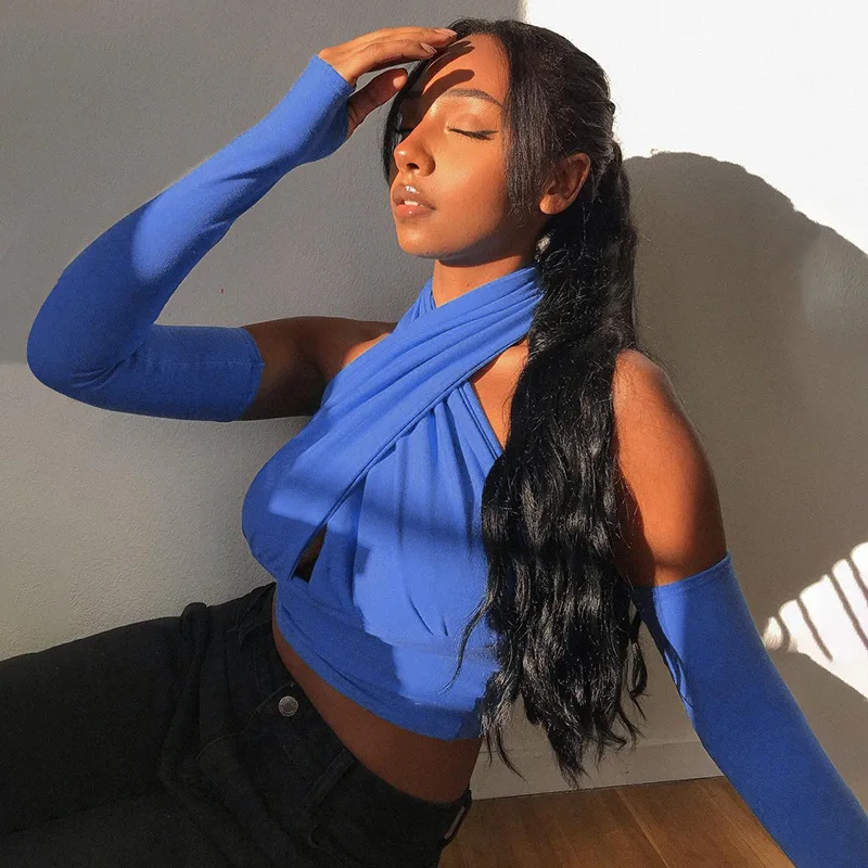 

Women Sexy Bar Club Night Party Clothes Cross Halter Solid Short Crop Top with Oversleeve Pleated Design Backless
