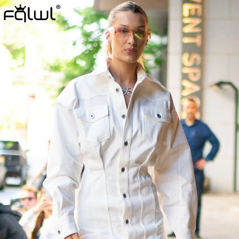 Женское платье-рубашка FQLWL повседневное белое джинсовое платье с длинным рукавом