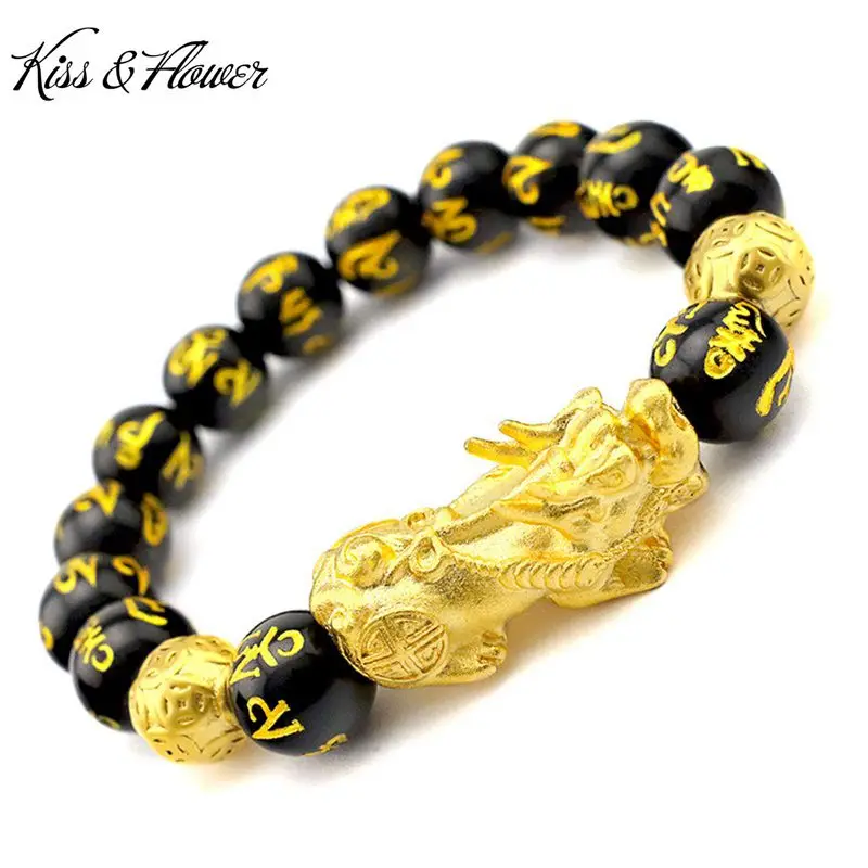 

KISS&FLOWER BR22 Fine Male Jewelry Wholesale Hot Fashion Men Birthday Wedding Gift PIXIU XINJING Word 24KT Gold Agate Bangles