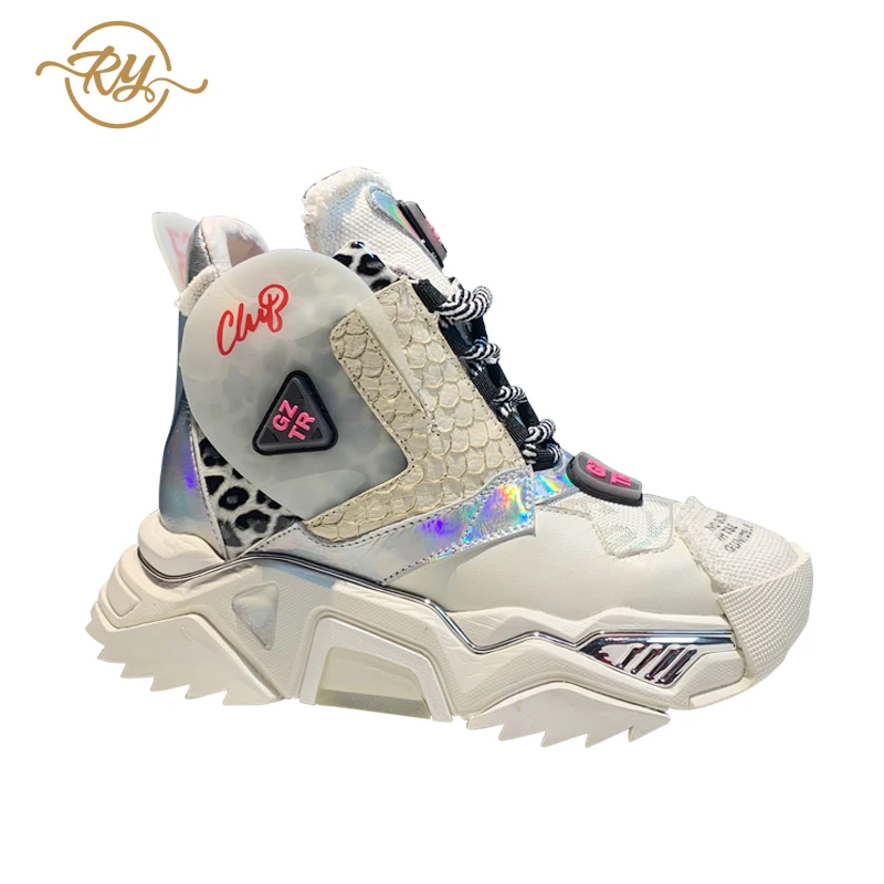 RY-RELAA women sneakers fashion high top sneakers ins wedge sneakers Genuine Leather rhinestone shoes white platform shoes