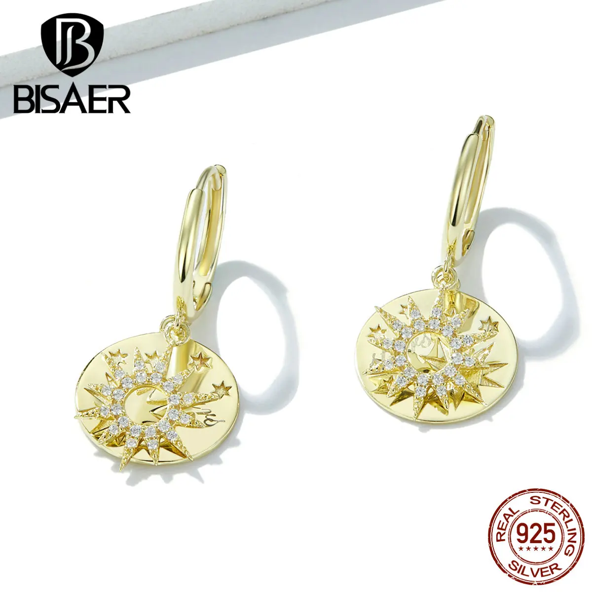 Серьги в виде звезд, BISAER, 925 пробы, серебро, светящиеся, кубический циркон, геометрические, висячие серьги для женщин, Стерлинговое Серебро, ювелирное изделие EFE260