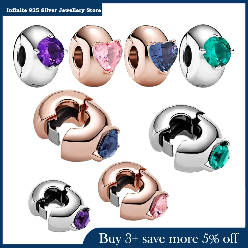 

2021 New 925 Sterling Silver Beads 4 Color Heart Round Solitaire Clip Charms Fit Original Pandora Bracelet Women Jewelry DIY