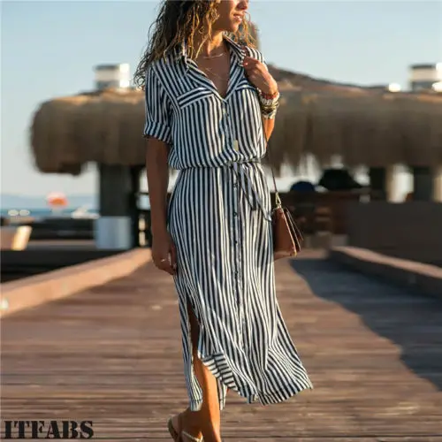 Женское длинное платье в полоску Boho летнее макси с отложным воротником и