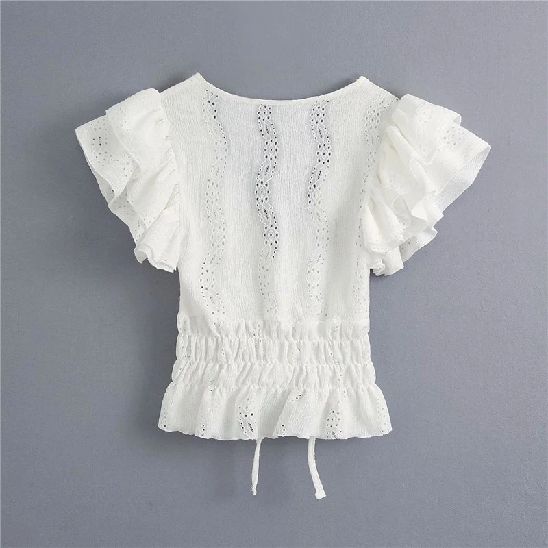 Женская кружевная блузка с оборками za белая Повседневная Блузка коротким