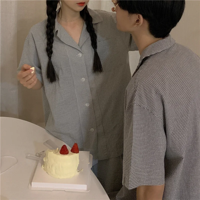 Женский домашний костюм в клетку рубашка с коротким рукавом топ и штаны летний