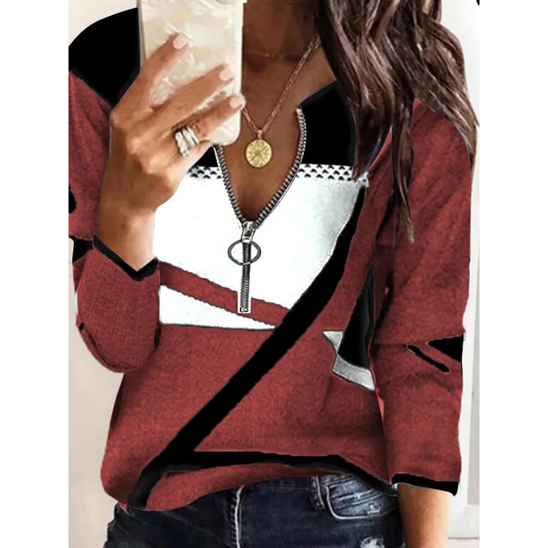 

Female Sexy V Neck Zipper Tops Pullover Women Autumn Long Sleeve Shirt Blusas Retro Fashion Block Print Loose Blouse Streetwear