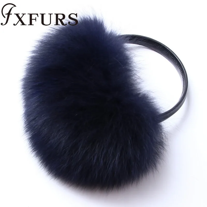 FXFURS новые модные милые объемные наушники из лисьего меха теплые меховые наушники из натурального меха с кожаной полкой для женщин защита для ушей зима - Цвет: dark blue