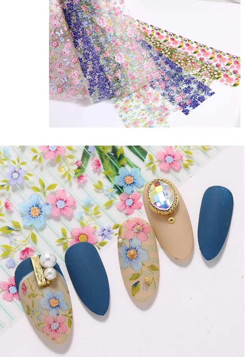 

2Pcs/Set Fashion Nail Foil Stickers Set Women For Nails Rose Blue Flowers Art Stick Decals Transfer Sticker Decoration DIY