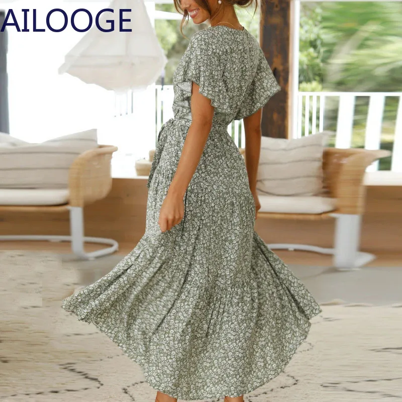 

2021 Casual Women Summer Green Floral Print Long Dress Flying Sleeve V Neck Boho Beach Maxi Sundress Sashes Robe Vacation Outfit