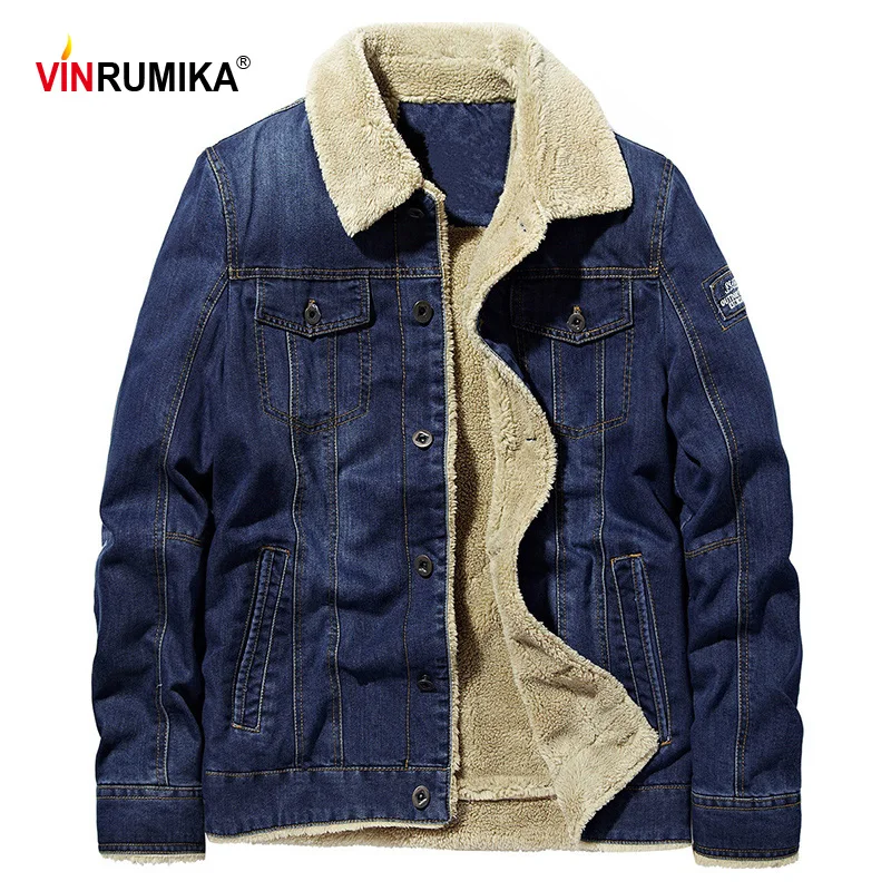 Мужская джинсовая куртка на пуговицах Повседневная теплая ковбойская с флисовой
