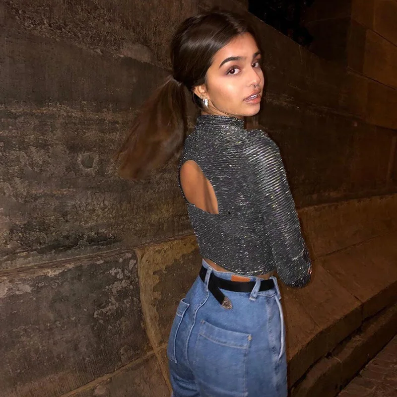Sexy Women Hip Hop Shiny Sequined Sparkle High Turtleneck Back Hole Crop Top Tee T-Shirts Evening Party Clubwear Tops | Женская одежда