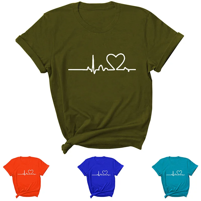 

Heartbeat Print Women T Shirt Short Sleeve O Neck Loose Women Tshirt Ladies Tee Shirt Tops Clothes Camisetas Mujer
