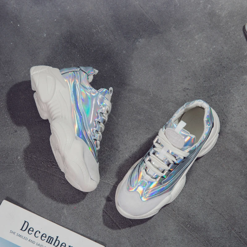 Fujin/Брендовая женская повседневная обувь Блестящие кроссовки на платформе