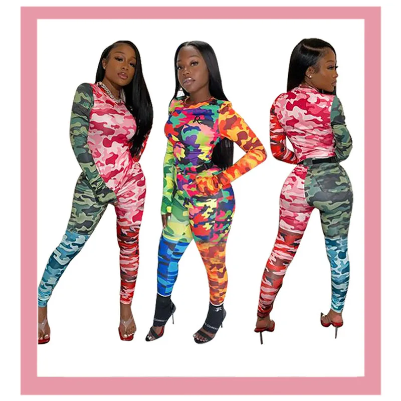 

2020 New Camouflage Colorblock Print Tracksuit T Shirts Pants Two Piece Sets Casual Club Matching Sports Suit Women's Clothes