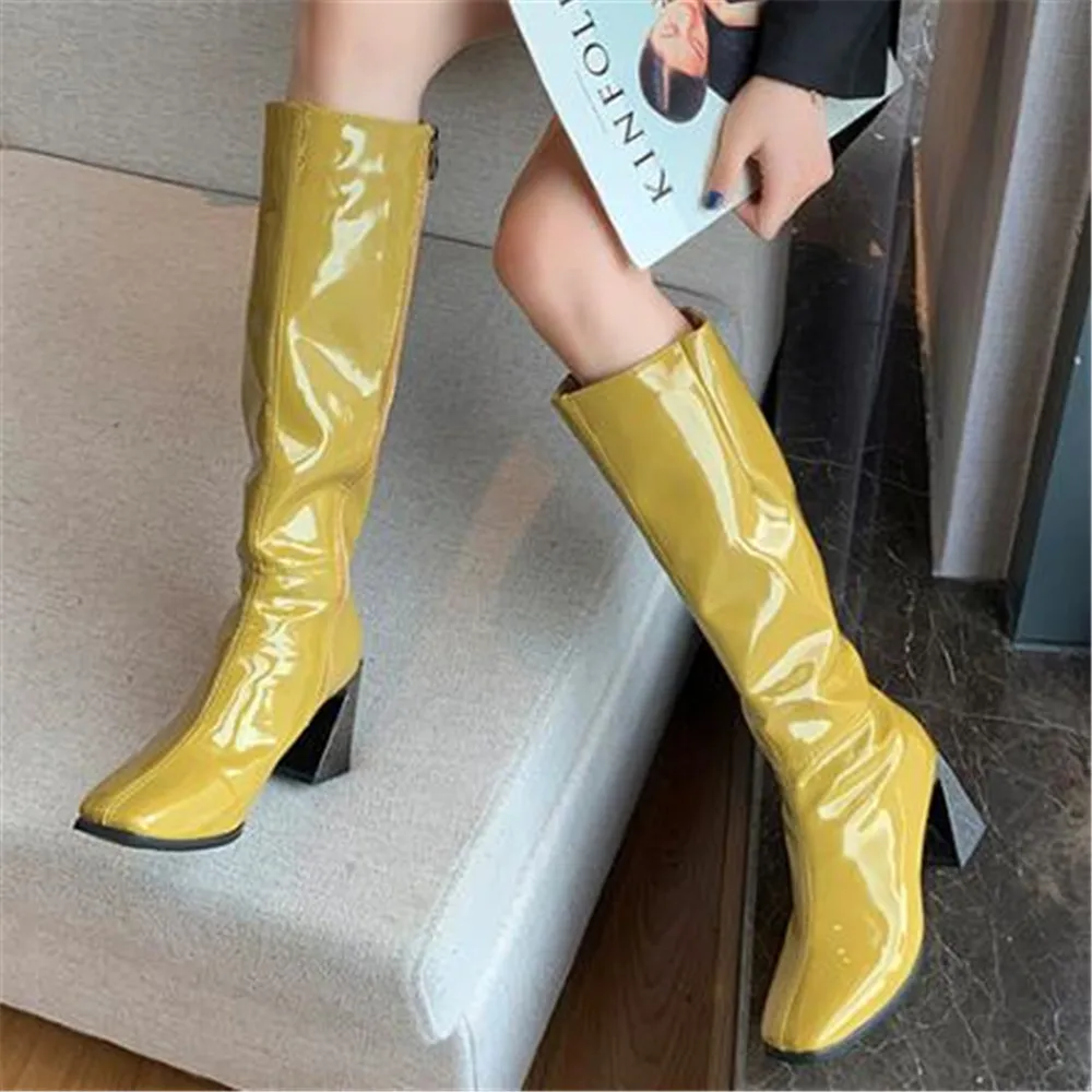 

New Autumn Leather Women Knee High Boots Motorcycle Square Toe Side Zip Footwear High Heels Female Riding Boot Woman Long Boots
