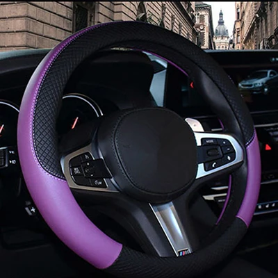 Black and purple Спортивный кожаный автомобильный чехол на руль для Toyota Volkswagen Fiat hyundai Chery BYD для автомобилей Mazda аксессуары для 37 см-38 см - Название цвета: Black and purple