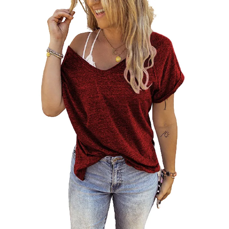 

Harajuku Solid Color T-shirts Women Casual V-neck Short Sleevele Women Tee Tops Fashion Stitching Loose Female Tshirts Plus Size