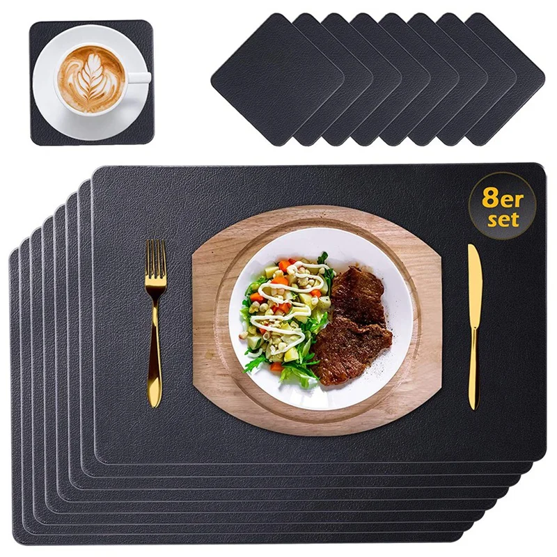 

Placemats Leather Set of 8 Washable PU Faux Leather Placemats Black 45 x 30 cm and Wipeable Look Coaster Waterproof