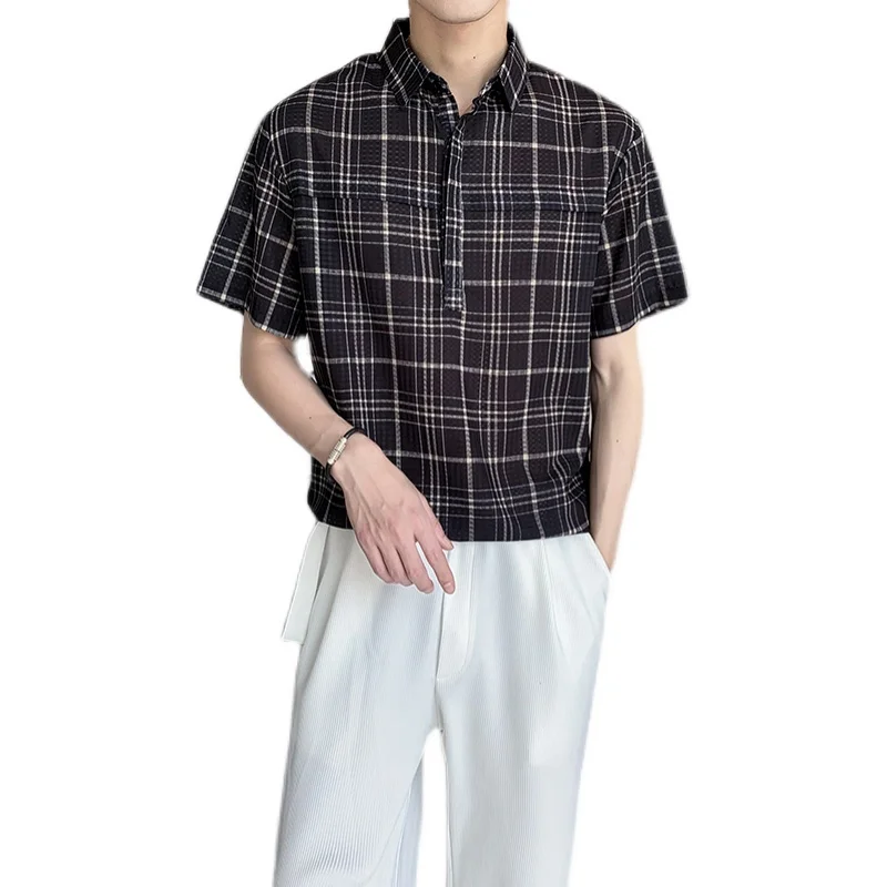 

2021 Korean Loose Plaid Shirt Men Summer Short Sleeve Streetwear Hip Hop Harajuku Shirt Fashion Oversized Shirt Men Clothing