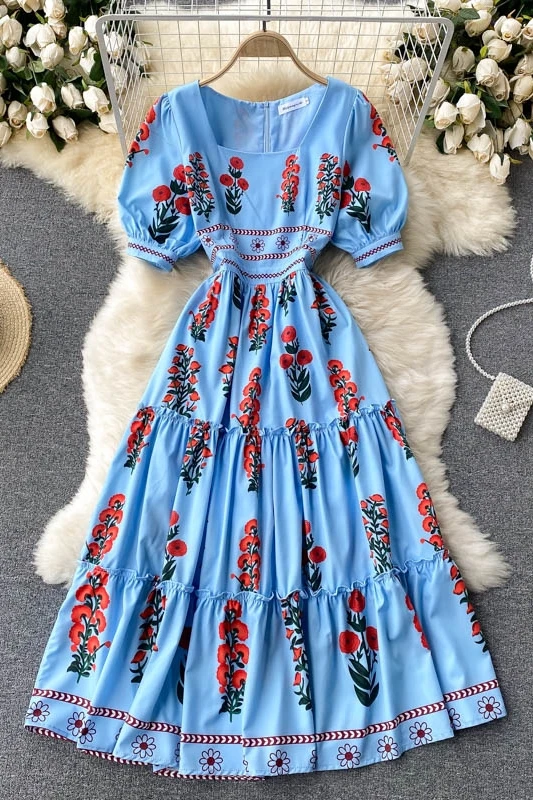 

Elegant Summer Blue Floral Puff Sleeve Long Dress For Women 2021 Square Neck High Waist A Line Midi Dress Ladies Vintage Vestido