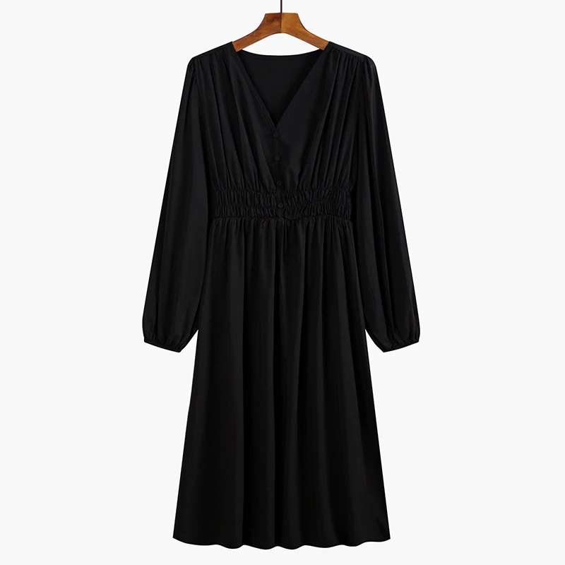 

V-neck Long Sleeve Early Spring 2021 Dress French Style Retro Solid Vestidos Simple Elegant Temperament Lady Office Femme Robe