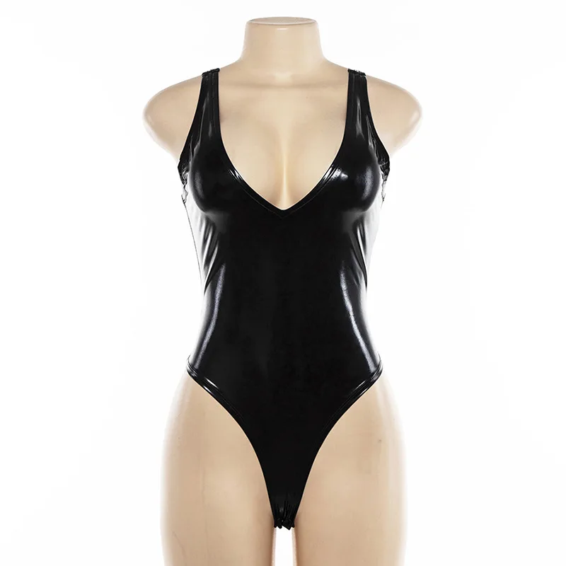 

Leather Black Bodysuit Women Female 2021 V-Neck Backless Jumpsuit Sexy Bodycon Bodys Summer Pu Black Bodysuits Female
