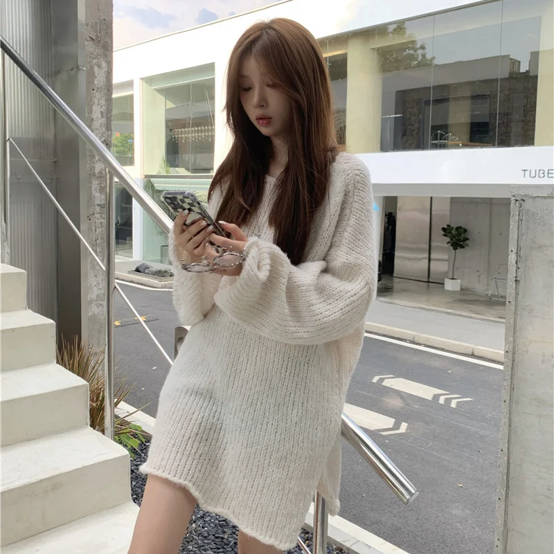 Knitted Sweater 2021 Autumn Fashion Chic French Aging Peach Powder Loose Medium And Long Sleeved Crimped Women's | Женская одежда