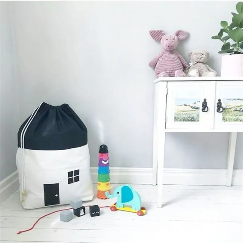 

Creative Storage Bag Black and White Cotton Canvas Small House Home Children's Room Decoration Multi-purpose Debris Storage Bag