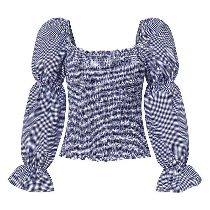 

Spring Holiday Pleated Tops Vintage Square Neck Party Blouse ZANZEA Fashion Women Long Sleeve Plaid Check Shirt Korean Blusas